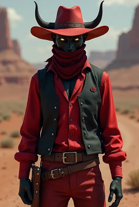  A black-skinned cowboy demon ,  red hat with horns sticking out of his head, Wear a dark red scarf covering your mouth and nose, red blouse and pants ,  a black vest and a brown belt  