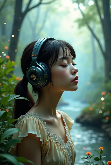 Fantasy photo of a girl with headphones in nature