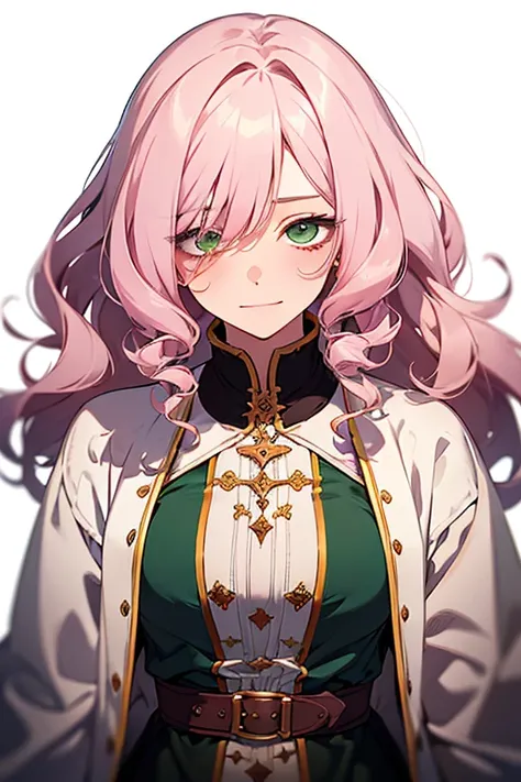 (excellent quality), (high resolution), (absurdreasterpiece), ((adult woman)), pink hair, disheveled hair, curly long hair, ((writter)), character looking at the camera, detailed face, ((medieval)), ((bang)), (((simple clothes))), (portrait), (small eyes),...