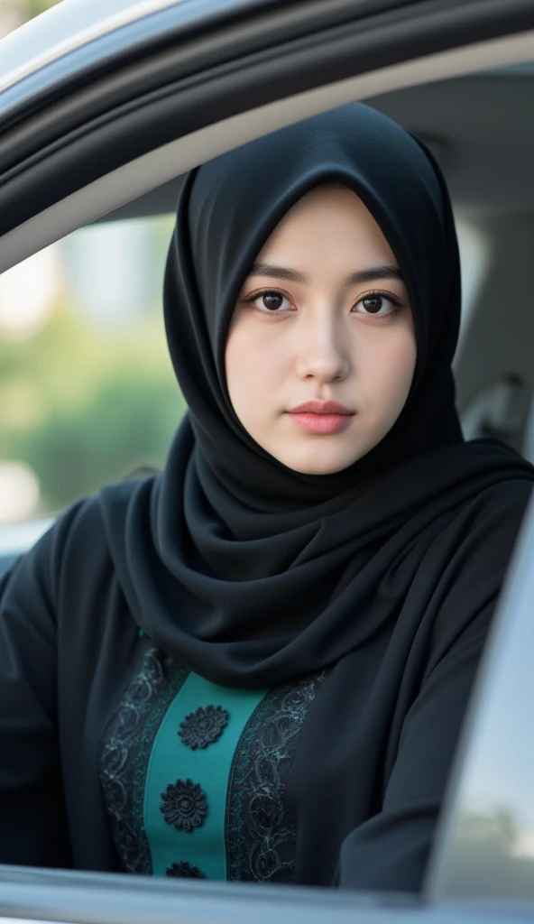 An Iranian lady wearing a black and dark green abaya hijab in front of the chest with a guipure pattern is sitting inside the car, her elbows are right on the edge of the car window, looking outside and looking at the camera from the side view from a mediu...