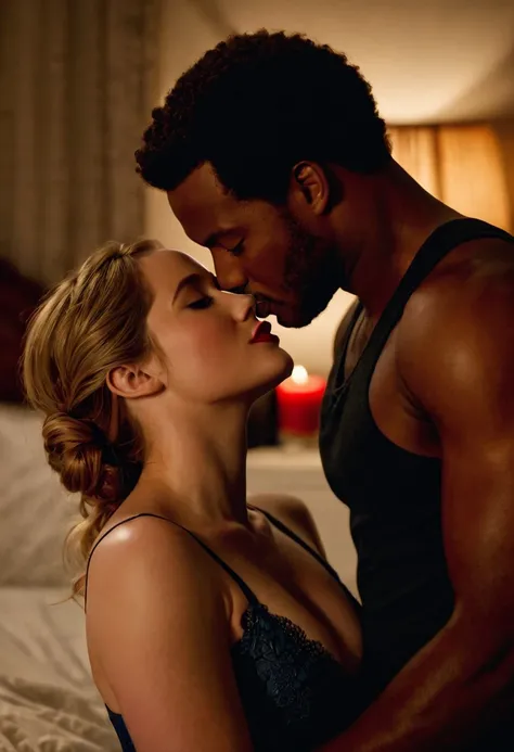 Caucasian actress Elizabeth Lail and African American actor Nathan Mitchell share a steamy kiss inside a bedroom lit only by candlelight. Both look happy and in love with each other. Both are clothed lightly for the bedroom. Elizabeth has lovely makeup on ...