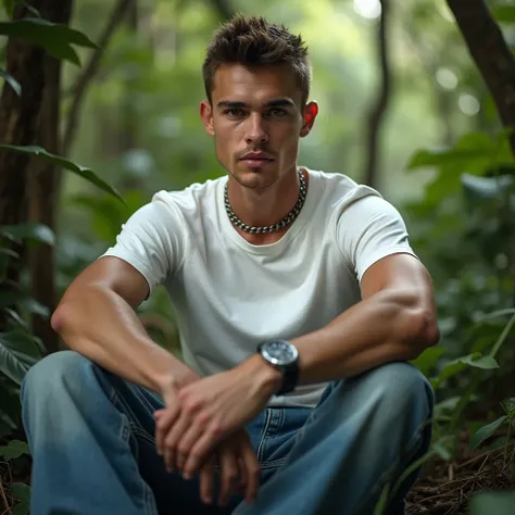   young guy  ( short haired , with strong features )   sitting in the middle of the jungle ,  white t-shirt and wide jeans  ,   - loose showing like a rapper - closer to the camera - """"camera shooting from perspective""" - front view - wild jungle in the...