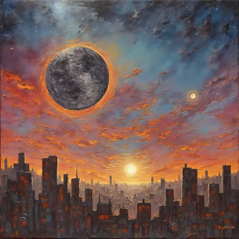 cityscape, full moon in the sky, city floating on the moon, sunset over the city, sci-fi painting, distant mechanical planet with setting sun, distant city on fire, futuristic cityscape, Jason Benjamin, futuristic painting, city skyline, fantastical starry...