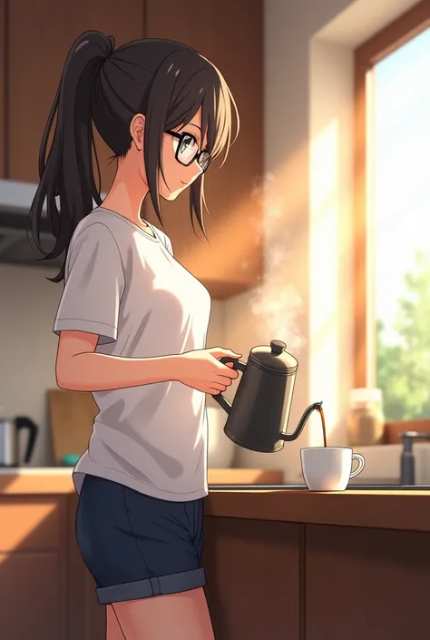 Scene 4: Preparing Coffee

Prompt: "A dynamic medium shot in anime style of the girl standing at a wooden counter in a bright kitchen. The camera is angled slightly low, emphasizing the steaming coffee pot in the foreground as she pours coffee into a ceram...