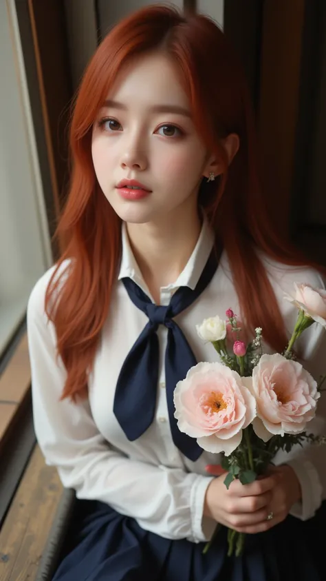 Close-up view of a young woman with long, vibrant red hair. Shes wearing a white, long-sleeved blouse with a dark navy pleated skirt, suggestive of a school uniform. A dark navy tie is loosely knotted around her collar.She holds a bouquet of light pink and...