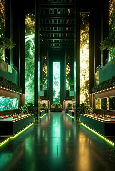 create a venue that showcase the digital screens black and gold with touch of green a little 