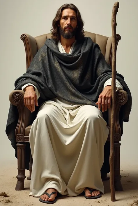 Jesus full body  wear a black silver shawl and white dressing  and hold stick sitting on old chair 