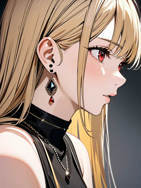 kitagawa marin, 1girl, blonde hair, long hair, multicolored hair, red eyes, jewelry, earrings, piercing, black choker, masterpiece:1.5, masterpiece, highest quality, UHD, retina, masterpiece, accurate anatomy, super detailed, high quality, best quality, 8k