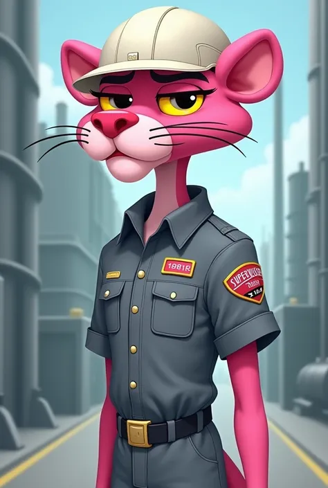 Make a Pink panther cartoon photo with uniform 
White industrial Helmet AHMAD 
Gray uniform 
Write side Tag Supervisor 
Left side tag 18081