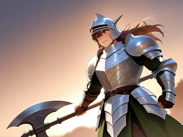 A medieval fantasy man with brown hair and a large warrior wearing dragon scale armor and helmet. Pick up a large battle axe and wield it dynamically
