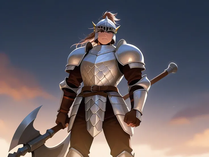 A medieval fantasy man with brown hair and a large warrior wearing dragon scale armor and helmet. Pick up a large battle axe and wield it dynamically
