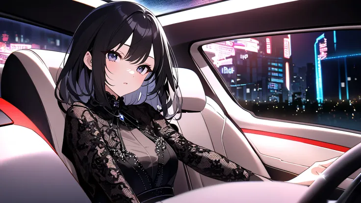  a woman with long dark hair 、 gothic fashion、 sit in the drivers seat and hold the wheel 。The background is a night city、Neon light reflects off the window 。 elegant and mysterious 、 fine lace and accessories shine。