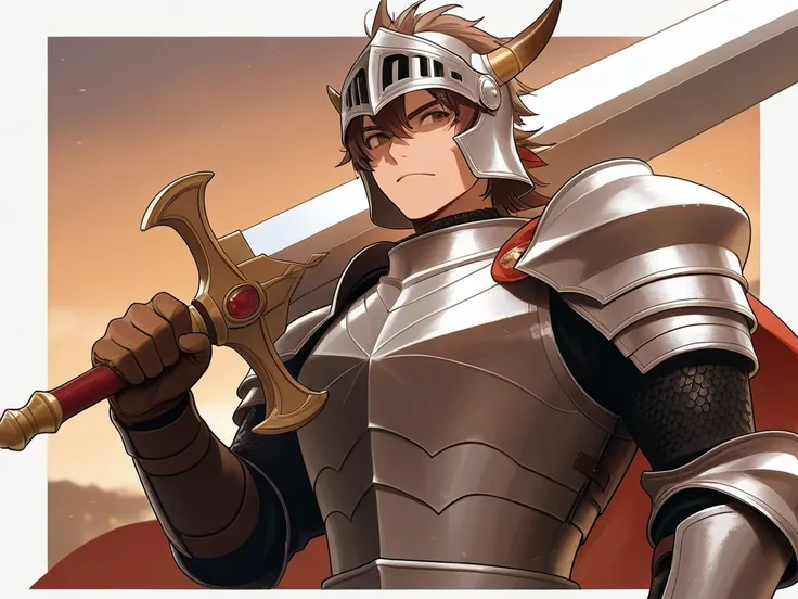 A medieval fantasy man with brown hair and a large warrior wearing dragon scale armor and helmet. He holds a large sword and wields it dynamically
