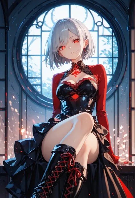 creating an atmosphere of mystery. Her posture showcases confidence and elegance. moe-style artwork,1girl, Alone,silver hair, red glowing eyes, bob cut,sharp facial features,,porcelain skin,breasts,1girl, solo, dress,long boots,