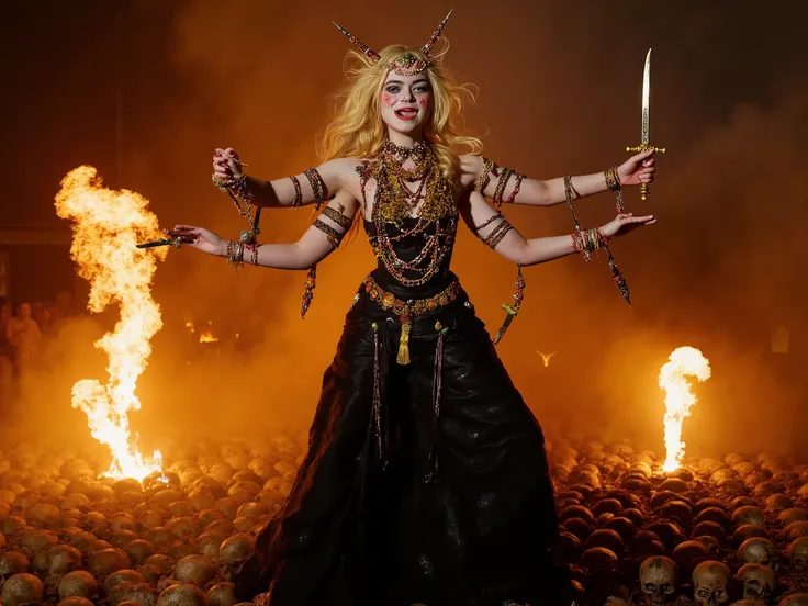 Elle Fanning representing a modern and demonic version of the goddess Kali . Her dazzling blonde hair contrasts with a dark and mystical style . She performs the dance of death of Kali , with multiple arms extended in different dramatic positions , ho...