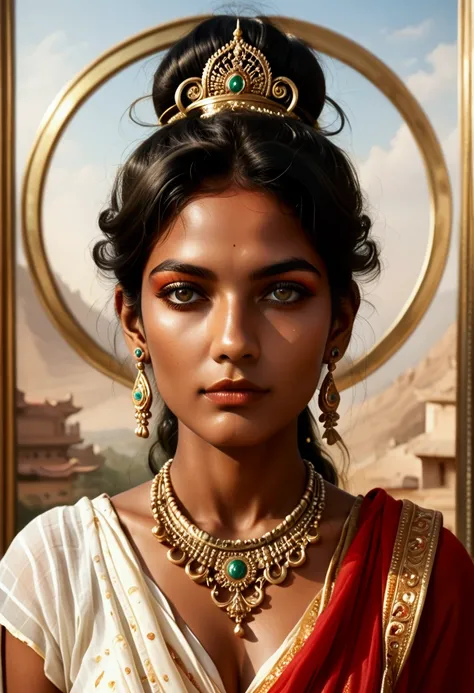 a woman in a sari with a necklace and earrings, indian goddess, portrait of modern darna, dressed in a sari, indian, indian empress, indian goddess of wealth, beautiful character painting, indian girl with brown skin, beautiful avatar pictures, traditional...