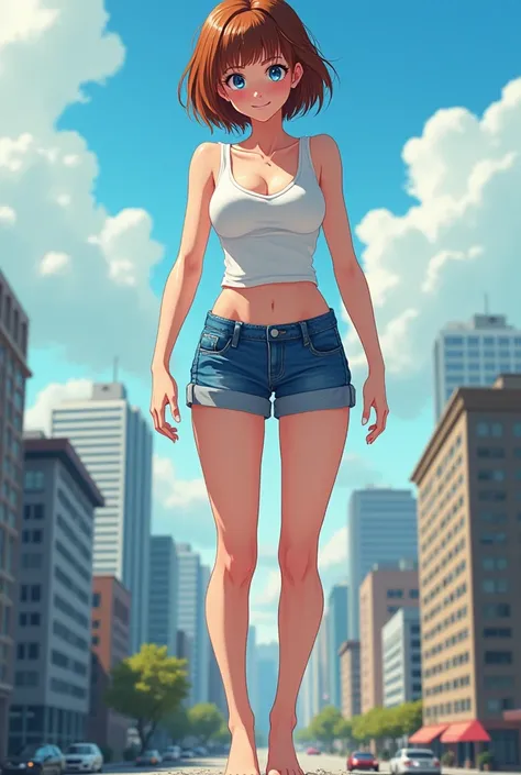 A woman in her 20s, trim figure, medium cleavage, medium hips, short bob hair, fair skin, chestnut color hair, blue eyes, jean shorts, white tank top showing abdomen, white toe nails, loking down, standing on a miniature city, giantess, GTS, buildings reac...