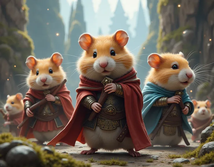 masterpiece, best quality, Photorealistic, realistic, photograph,  hamsters in fantasy costumes, Warriors, Wizards, and Priests 