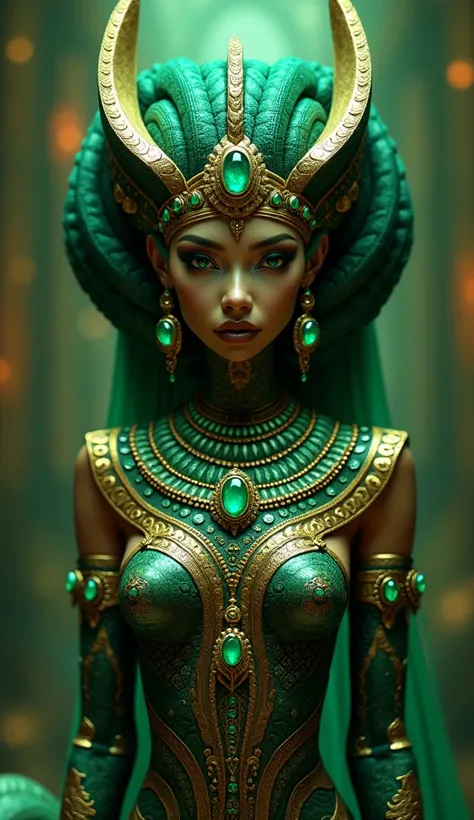 Egyptian goddess Amonet ,  snake woman with the green crown of Lower Egypt in the pantheon emerald jewelry 8k wallpaper 