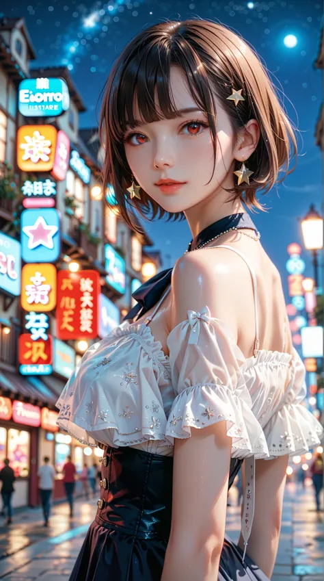 ((masterpiece)), ( top quality ),,  Official Art ,  extremely detailed CG unity 8k wallpaper,  extremely detailed ,  Glossy Skin , Depth of Field,  Vivid Color ,, 1girl, (curved:0.4), (whole body:0.6),, short hair, Bangs, red eyes, skirt, looking at viewer...