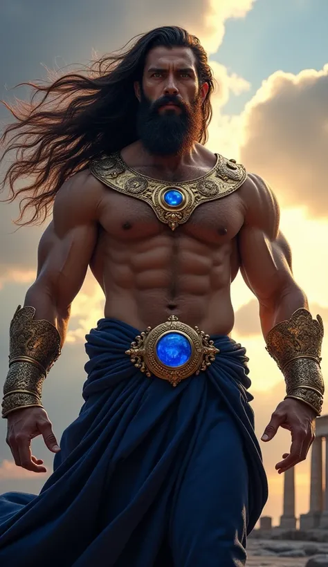 /imagine A hyperrealistic, epic depiction of a muscular male god, likely from Greek mythology.  Long, flowing, dark brown hair whips around his shoulders. He has a strong, chiseled physique with defined musculature.  A majestic beard frames a determined fa...