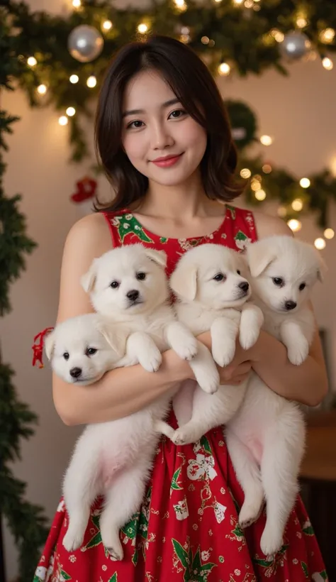 Ak ladki Jisna Christmas ki dress phana hui ha or uska hath ma khub Sara chota white puppies ha 