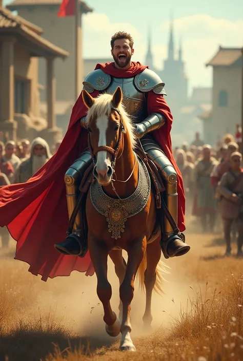 A clear ultra HD dynamic image of "The victorious prince riding back to the village, wearing his royal armor, with a proud yet eager expression. He is relieved to return to Rani, his eyes shining with love and excitement."