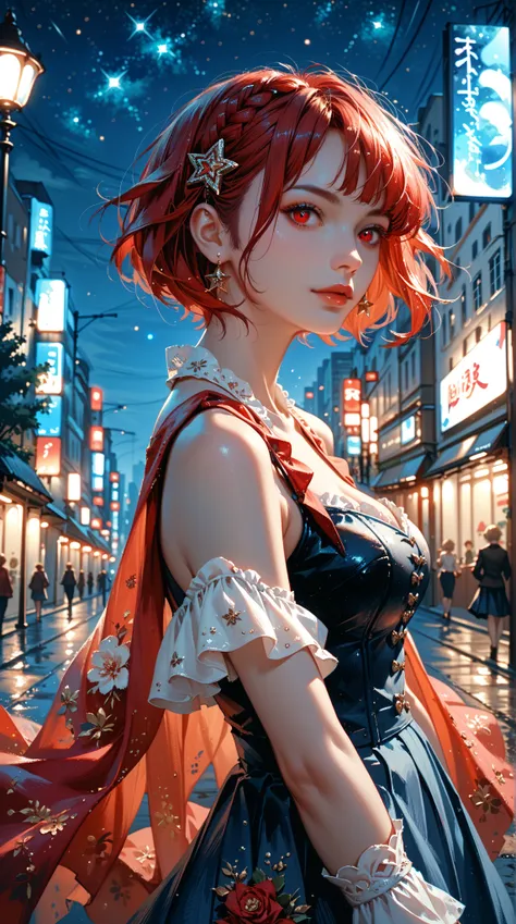  Portrait of a mysterious girl with red eyes ，short hair，long skirt， In a night setting ， City Street， Starry sky above ，Lonely and charming ， Extraordinary beauty ，Digital painting， Ultra high resolution CG unity 8k artwork