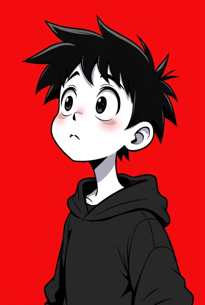  a black and white teenager with high contrast ,  cartoon style ,  red background ,  hes full body 、 represents surprise and awe . Hes bang ,  short,  pretty little hair .  hes an introvert 、 his expression is subtle 