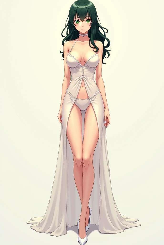 Sakurai sensei, mature anime woman, dark green wavy hair, low tied pony tail, white high heels, full body tall body, lingerie, wedding dress