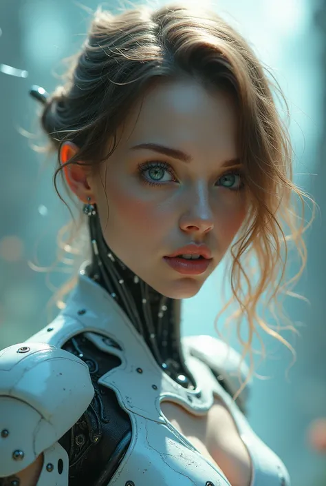 ((full length photo , Standing, feet on the ground)) xuxa,   8k portrait of a beautiful cyborg with brown hair ，intricate，elegance， Highly Meticulous ，Captivating blue eyes，A majestic，digital photography， Germ of art and art by Nguyen Jia and Greg Rutkowsk...