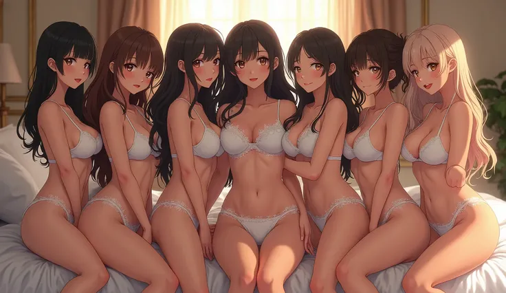 a group of 6 beautiful anime women with big breasts, wide hips, thick thighs, wearing only white lingerie, happy facial expressions, in a bedroom setting, highly detailed, 8k, photorealistic, cinematic lighting, dramatic pose, intricate fabric textures, gl...