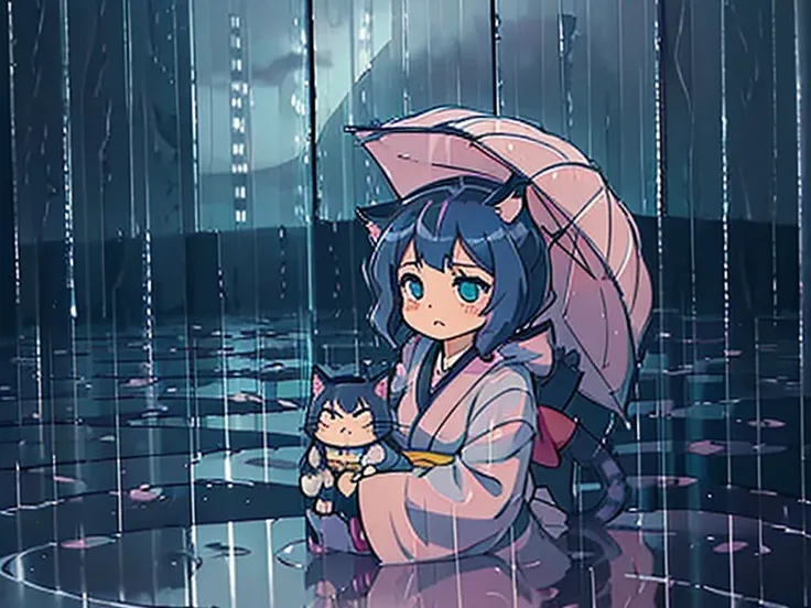 
violent storm,wind,( heavy rain :1.5), ( big raindrops :1.5), (rainy sky:1.5),( lots of ripples on the water :1.3).  1girl/((catgirl:1.3),( fluffy:1.2),kimono,(chibi:1.2),Cat&#39;s ear,cat&#39;s eye,Cute, kawaii,hair floating,  hair shines brightly ,  cur...