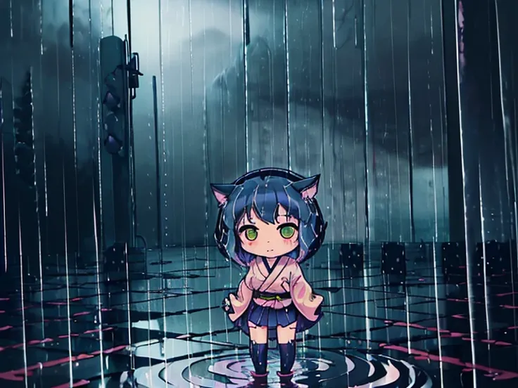 
violent storm,wind,( heavy rain :1.5), ( big raindrops :1.5), (rainy sky:1.5),( lots of ripples on the water :1.3).  1girl/((catgirl:1.3),( fluffy:1.2),kimono,(chibi:1.2),Cat&#39;s ear,cat&#39;s eye,Cute, kawaii,hair floating,  hair shines brightly ,  cur...