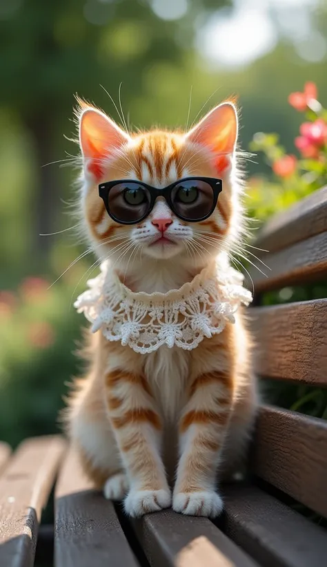 "A lovely kitten with fluffy fur, wearing a frock with lace details and oversized black sunglasses, sitting on a park bench with a relaxed posture, surrounded by greenery and flowers, exuding a cool and stylish vibe."