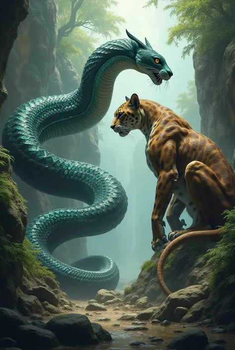 Serpent and panther in an environment of power facing each other 