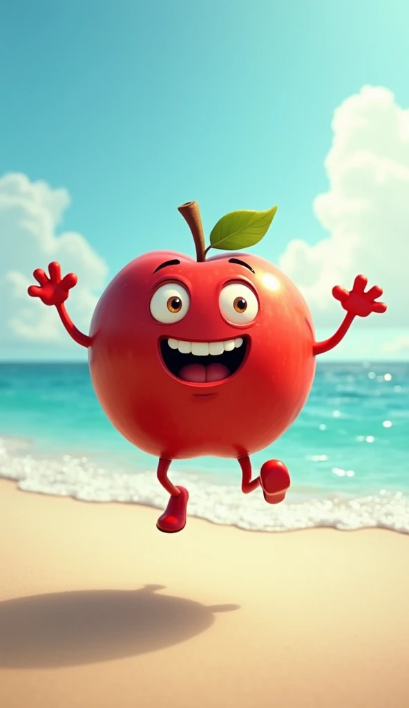 Make an apple with eyes, mouth, hands and feet jumping with a beach background