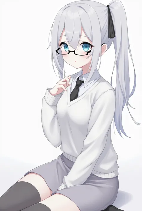 Light ash gray color hair(ponytail)White skin,Anime,Girl,Black Glasses (Thin),Sky blue eyes(Pupils is A cross Left is white right is black),Black necktie,White Sweater(Long Sleeve),Skirt type jumper ( Gray),Black leg warmer,Black shoes