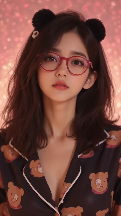 A young woman with long black hair and styling the center part that falls loosely on her shoulders. She is wearing red cat glasses and a small black bear ear hair clip. Her expression is soft and neutral. Her clothes are repeatedly depicted as cartoon bear...