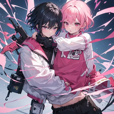 ((composition of a girl with pink hair and a small boy with short black hair)), the girl have a pink hair, wearing headphone, ((agressive crying big tears)), ((looking down at her shoes)), ((slinging a gun over his shoulder)),  the other is dead, in the fl...