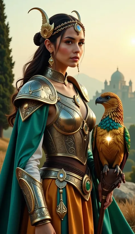 A 3D ultra-realistic scene in 8K resolution showcasing a mesmerizing Iranian mage from the 3rd century, depicted from a half-body perspective. She wears ornate armor crafted with intricate Persian floral and geometric motifs, layered with flowing emerald a...