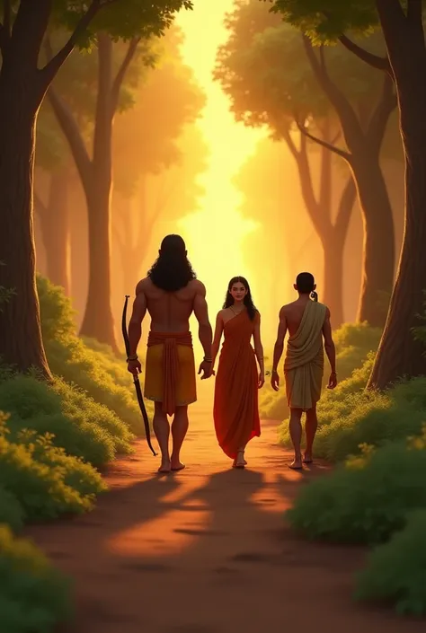 In cinematic 3d cartoons styles" **Lord Ram, Sita, and Lakshman leaving for the forest**  
   *Scene Prompt*: A serene forest pathway with a golden sunrise in the background. Shri Ram, wearing simple clothes, holds a bow in one hand. Sita, dressed in fores...