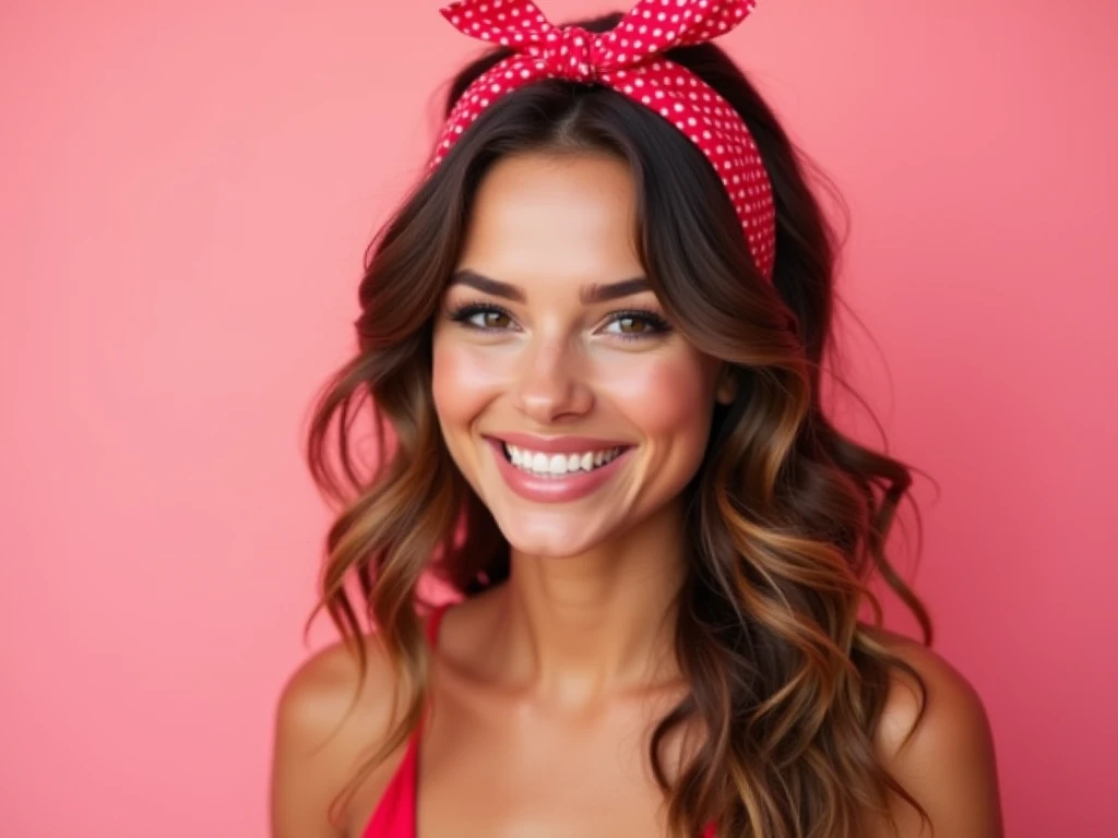 "Create an image of a beautiful woman with loose, wavy hair adorned with a playful polka dot headband. She should have a soft, natural makeup look, with a vibrant background in shades of pink that complements her features and adds to the cheerful atmospher...