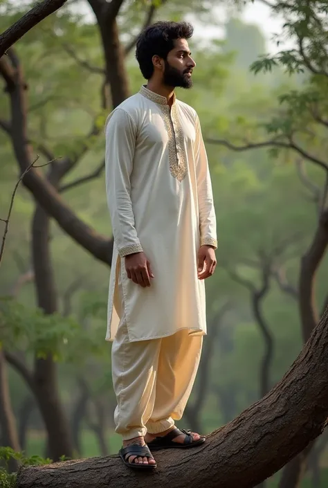 A Pakistani young man aged 28 The young man is standing on top of a tree in a forest The young man is wearing Sindhi cultural clothes There are trees all around There are trees in the background The trees are growing The young man is looking ahead  is