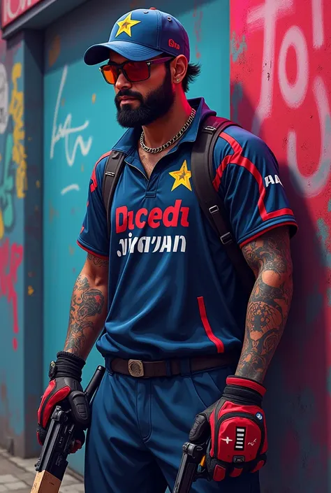 "Create an Indian cricket player "Rohit sharma" as a GTA character. Add tattoos, weapons (like pistols or bats), street-style outfits, and accessories like sunglasses or chains. Use a gritty urban background with graffiti or neon lights, and ensure the sty...