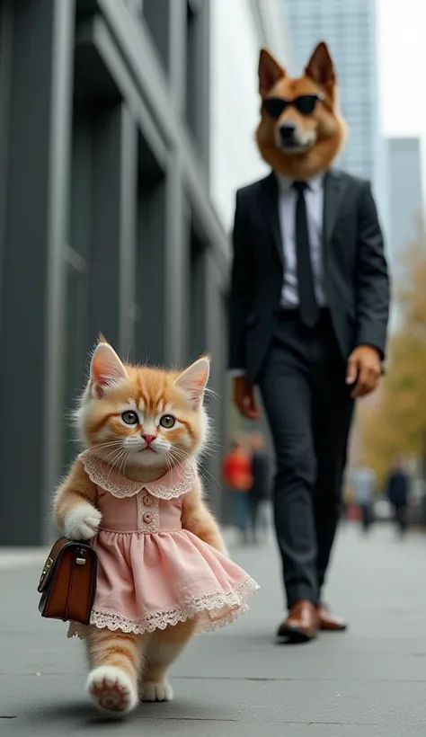 "A lovely kitten with fluffy fur, dressed in a frock with lace details, walking towards a modern office building, carrying a small briefcase, accompanied by a tall and serious-looking canine guard wearing a black suit and sunglasses, creating a businesslik...