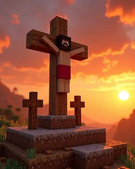 A Minecraft-style photo of a crucifixion scene on a hillside during a warm sunset. The cross structure is made of oak wood blocks and is located on a gravel and coarse dirt ground. There is a Jesus figure wearing a red loincloth and is nailed to the cross....