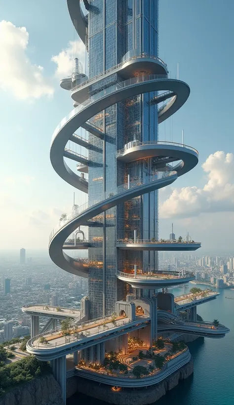 "The Quantum Megastructure Nexus - an ultra-detailed masterpiece showcasing a revolutionary self-sustaining city-structure that defies traditional engineering limits. The central focus is a colossal DNA-inspired double helix skyscraper with exposed structu...