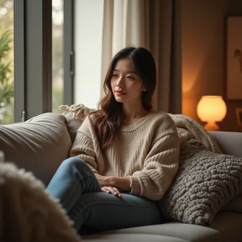 A young woman sitting comfortably on a modern sofa in a cozy living room. She is casually dressed in a sweater and jeans, with a relaxed posture. The room features soft lighting, decorative cushions, and a warm throw blanket draped over the armrest. 