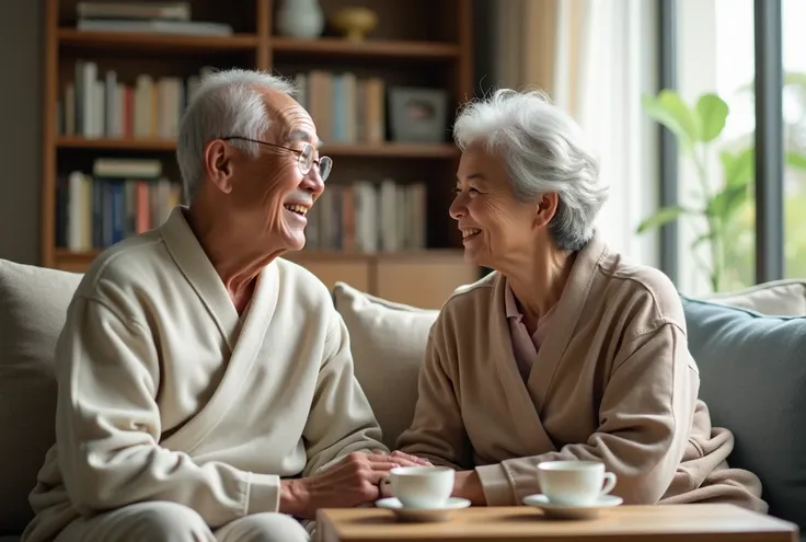 A highly realistic photograph of an elderly Japanese couple sitting in their cozy living room, engaged in a warm and cheerful conversation. The husband and wife are in their 70s, dressed in simple and comfortable indoor clothing. The living room is modern ...